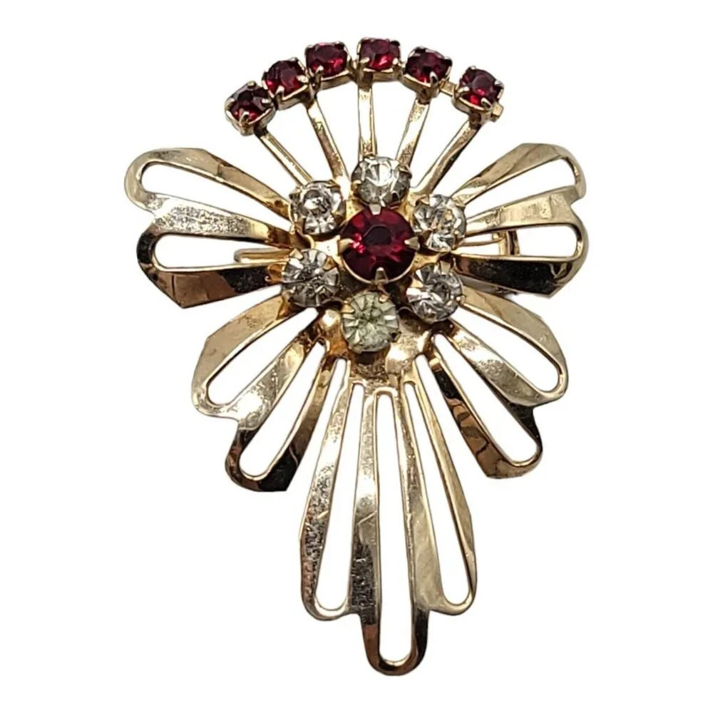 Red Clear Rhinestone Flower Floral Gold Tone Brooch Pendant Vintage